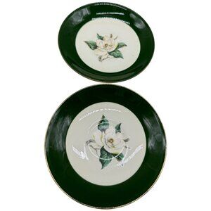 Jade Rose Crooksville Magnolia Green Trimmed Porcelain Bread Plates Set 2 READ